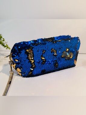 Blue & Gold Magic Sequin Travel Cosmetic Bag Wristlet Reversible Glitter NWOT